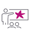 Line‑style icon showing a person pointing at a presentation board with a large magenta star on it, while two people sit in front watching.